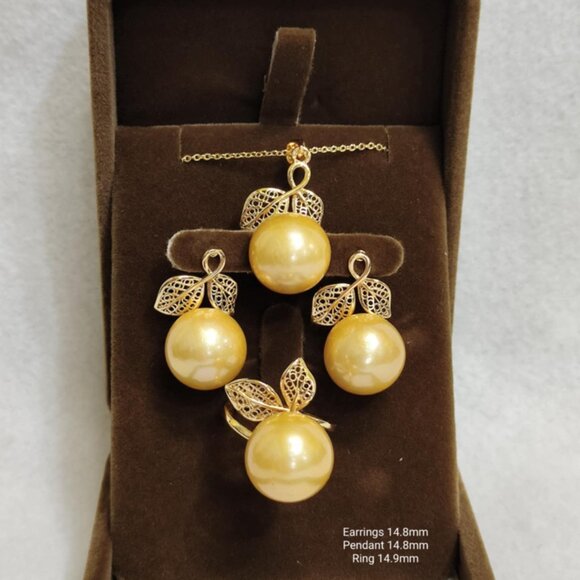 Golden Edison Pearl Jewelry Set (Earrings | Necklace | Ring) AAAA  w/Certificate - Picture 6 of 6